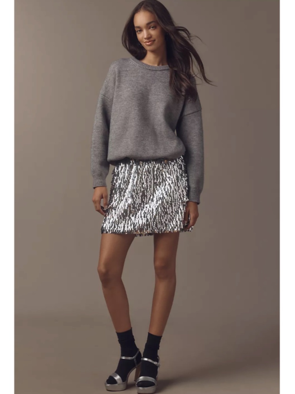 Mare Mare Long-Sleeve Knit Sequin Twofer Mini Dress in Grey
